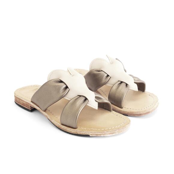 John Fluevog River Tambo Cream Metallic Leather Slide Sandals Women’s 11 - Picture 1 of 9